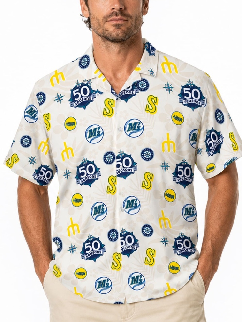 Seattle Mariners 50 Seasons Hawaiian Aloha Shirt Tan Blue Yellow MLB 2026 SGA-XL